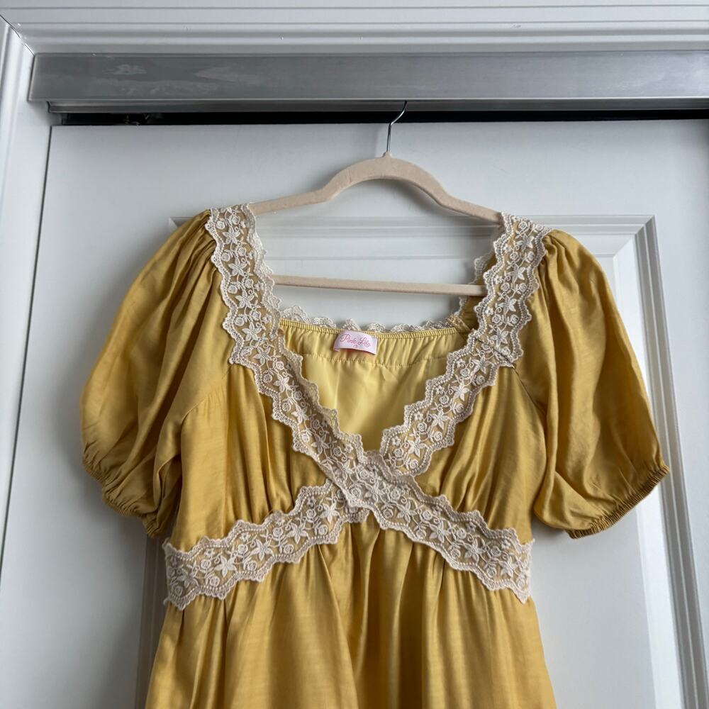 Pink Lily Savor This Feeling S Babydoll Mustard Lace Mini Dress Prairie Tiered - Picture 6 of 13